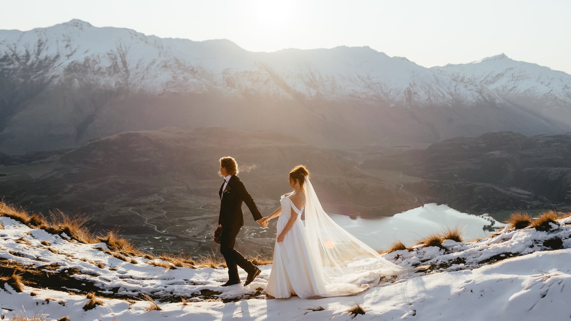 Opening frame of a New Zealand helicopter elopement film