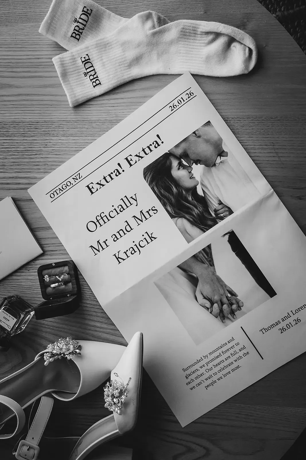 Flatlay of a printed wedding newspaper keepsake